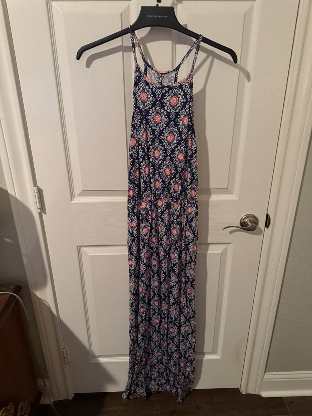 French Grey Navy Floral Maxi Dress with Pink Accents
